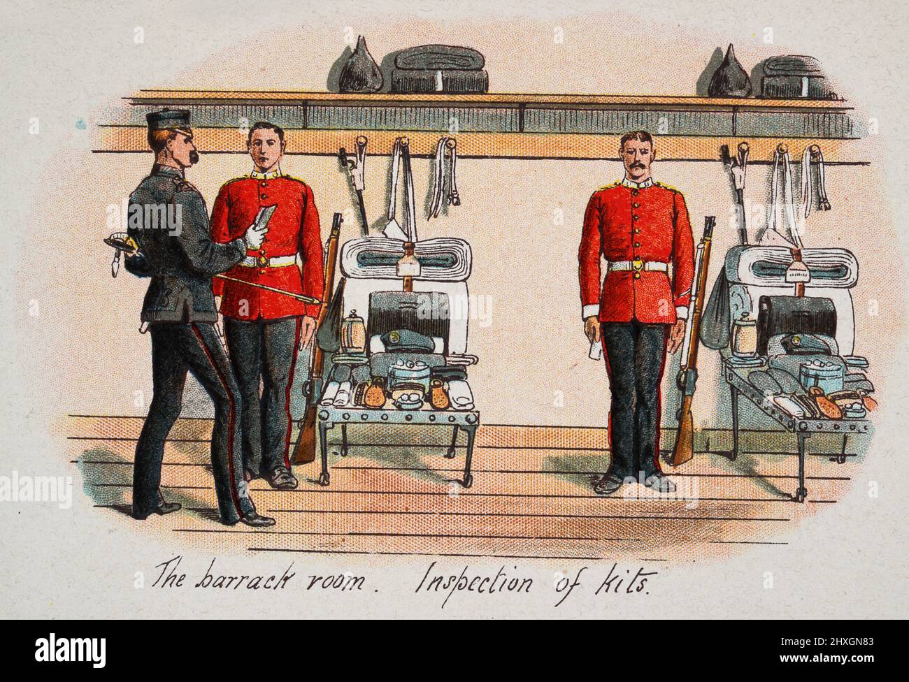 Vintage-Illustration der Baracke, Inspektion von Kits, viktorianisches britisches Militär 19. Jahrhundert Stockfoto