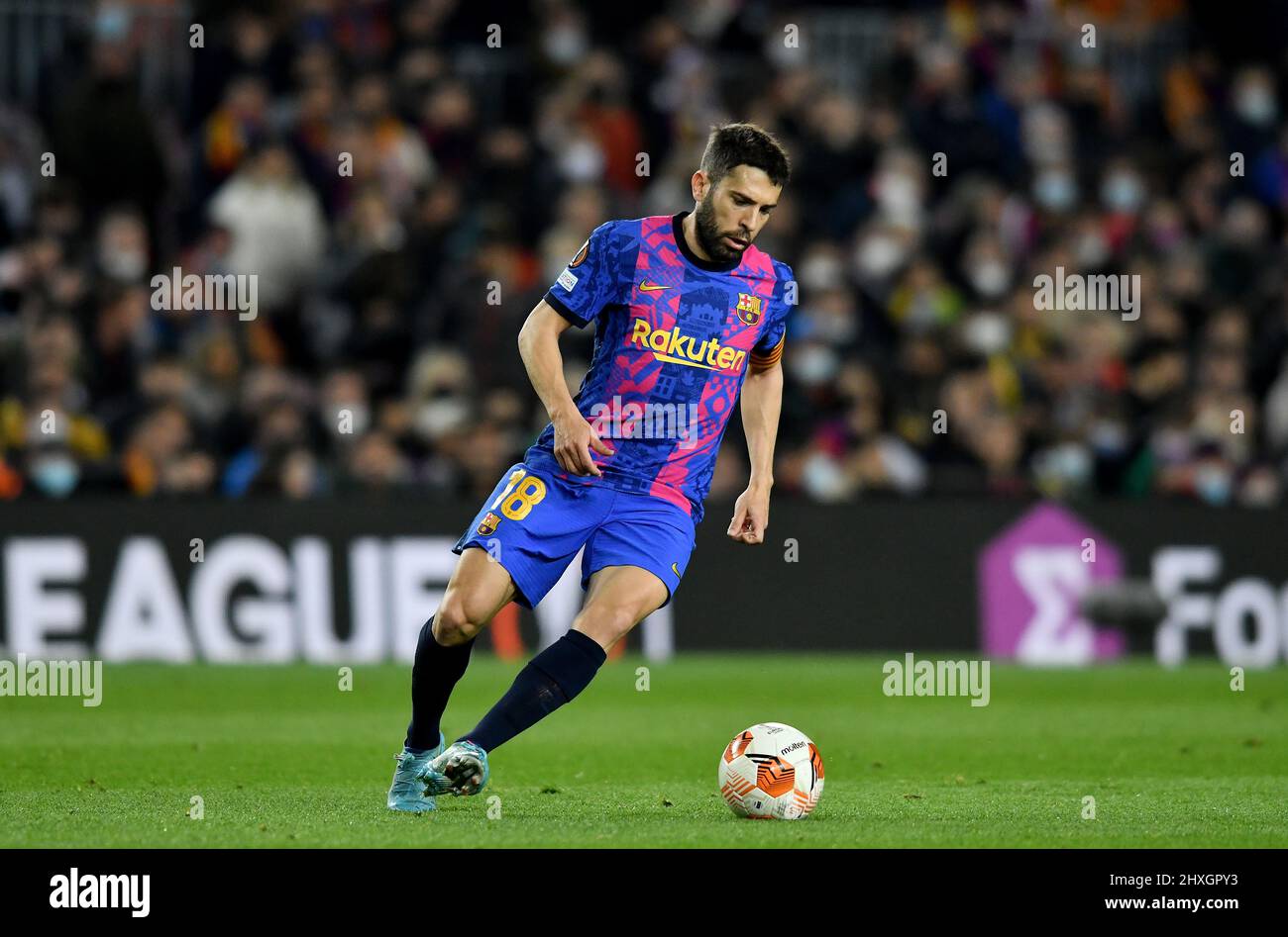 Barcelona, Spanien, 10. März 2022. Jordi Alba (18) vom FC Barcelona während des Europa League-Spiels zwischen dem FC Barcelona und Galatasaray SK im Camp Nou Sta Stockfoto