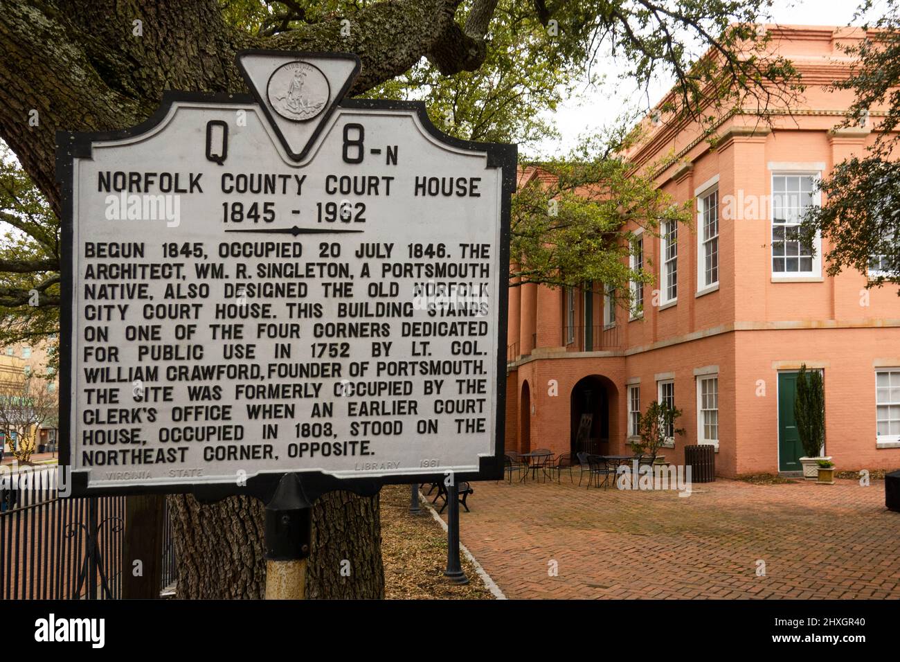 Norfolk County Court House Gebäude Geschichte Plakette in Virginia Stockfoto