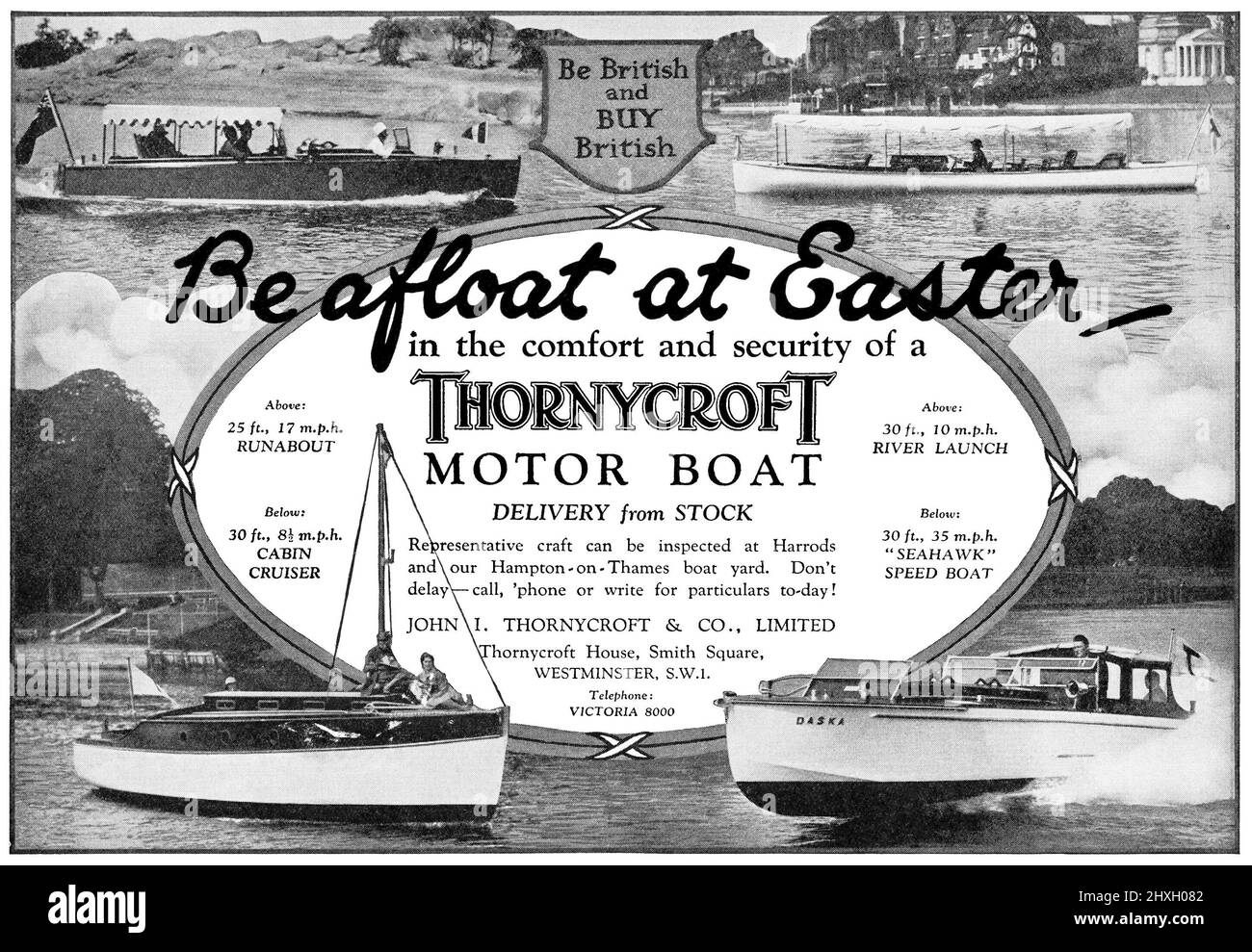 1930 Britische Werbung für Thornycroft Motorboote. Stockfoto