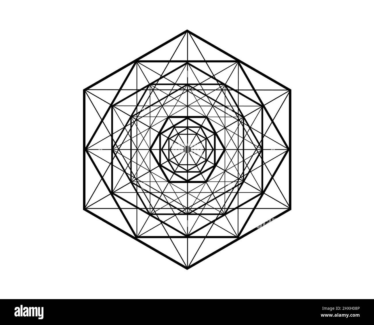 Hexagonales Mandala, heilige Geometrie, magisches Hexagramm. Abstraktes geometrisches Musterelement, Liniendesign. Mystic Icon platonische solide Vektor isoliert Logo Stock Vektor