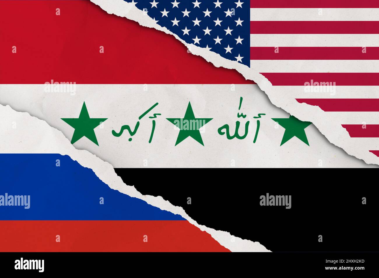 USA, Russland und Irak Flagge gerissen Papier Grunge Hintergrund Stockfoto