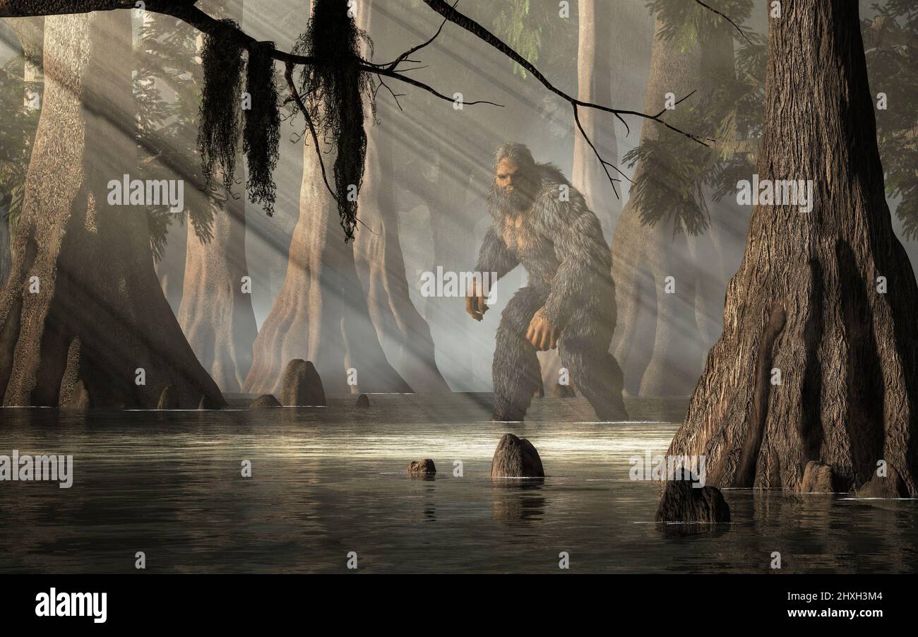 Das Honey Island Swamp Monster ist eine Kryptide der Folklore von Louisiana, von der gesagt wird, dass es die Sümpfe in St. Tammany Parish, Louisiana, verfolgt. Stockfoto