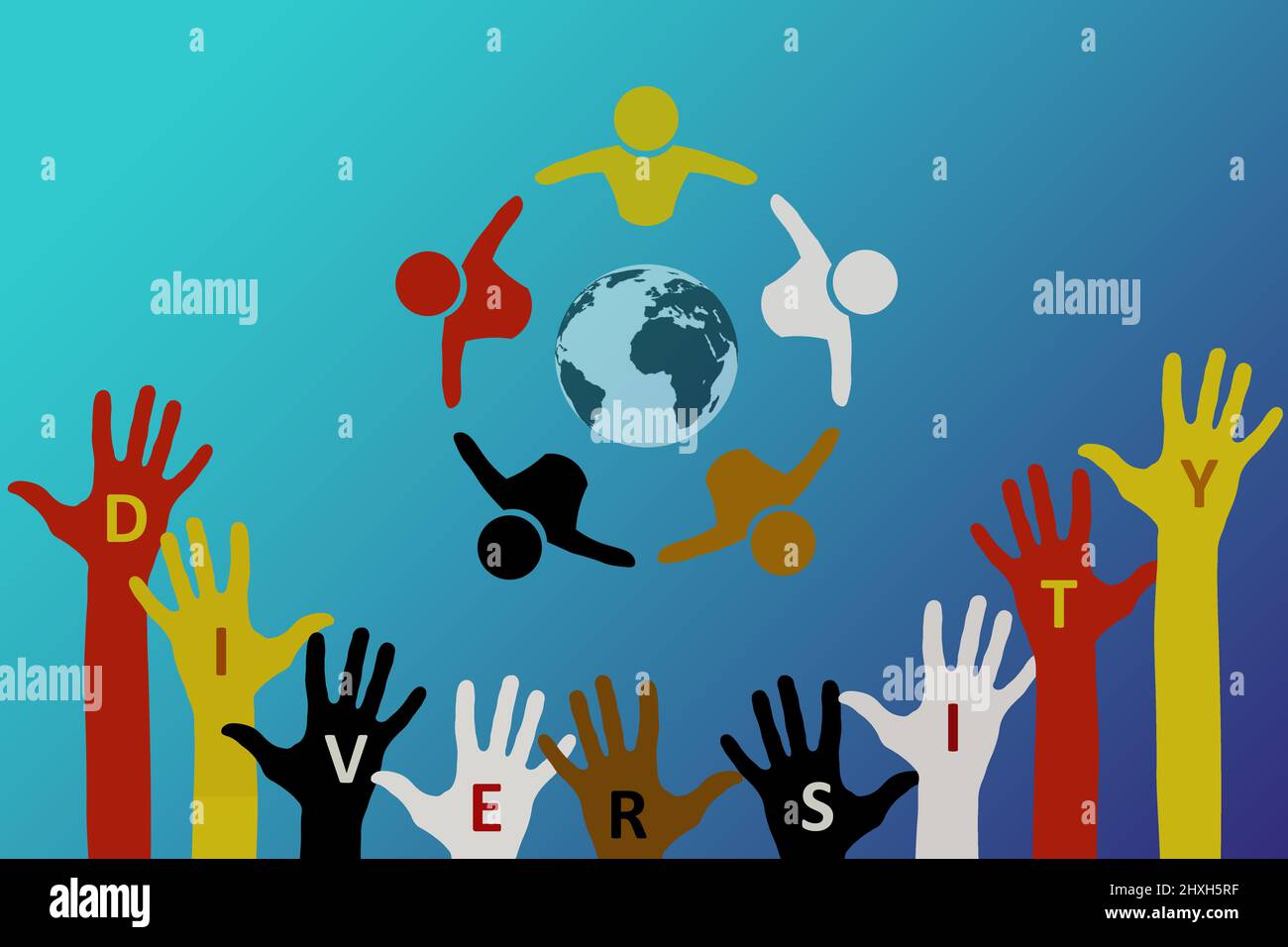 Teamwork- und Diversitätskonzept. Erhöhte Hände von Menschen und Kreis von Menschen mit verschiedenen Hautfarben mit Globus in der Mitte. Stockfoto