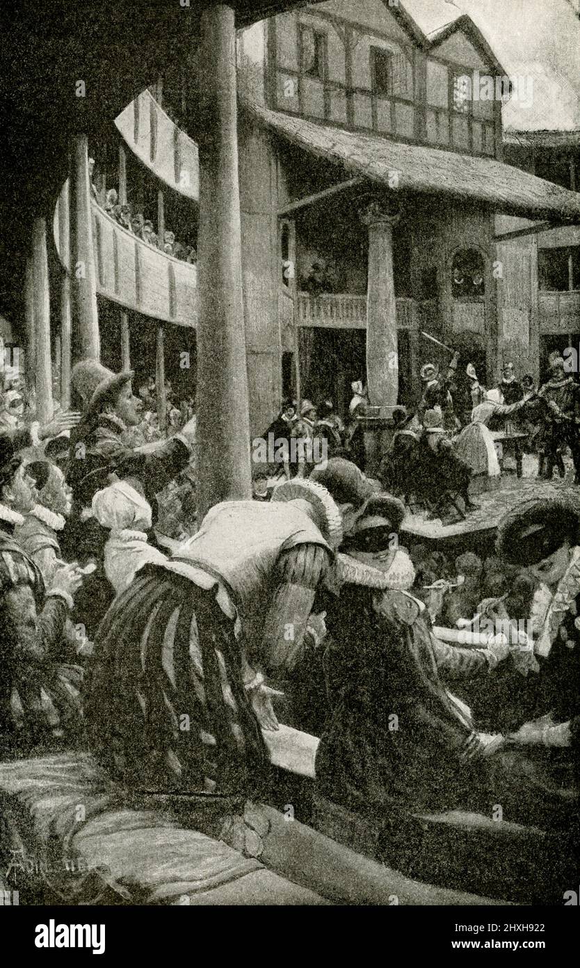 Die Bildunterschrift von 1912 lautet: Theater, in dem Shakespeare seine Stücke sah. Eine Aufführung im Globe Theatre in Southwark, in der Shakespeare selbst spielte.“ William Shakespeare (gestorben 1616) war ein englischer Dramatiker, Dichter und Schauspieler, der weithin als der größte Schriftsteller in der englischen Sprache und der größte Dramatiker der Welt angesehen wurde. Er wird oft als Englands Nationaldichter und der 'Bard of Avon' bezeichnet. Das Globe Theatre war ein Theater in London, das mit William Shakespeare in Verbindung stand. Es wurde 1599 von Shakespeares Spielerkampfgesellschaft, den Lord Chamberlain's Men, erbaut.das Theater wurde 161 durch einen Brand zerstört Stockfoto