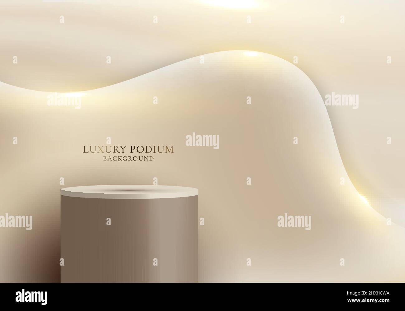3D realistische Luxus-braune Podium-Plattformen Display mit goldenen Fluidwellen-Form mit Lichteffekt Funken auf klarem Hintergrund. Sie können für sho verwenden Stock Vektor