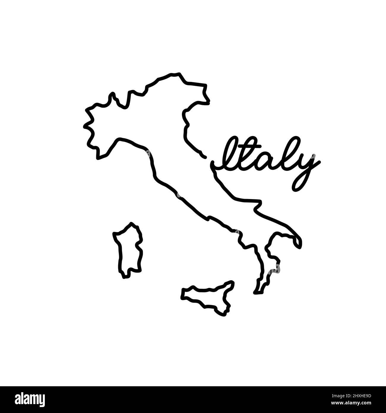 Italien skizzieren Karte mit dem handschriftlichen Namen des Landes. Kontinuierliche Linienzeichnung des patriotischen Heimatzeichens. Eine Liebe für eine kleine Heimat. Idee mit T-Shirt-Druck. Stock Vektor