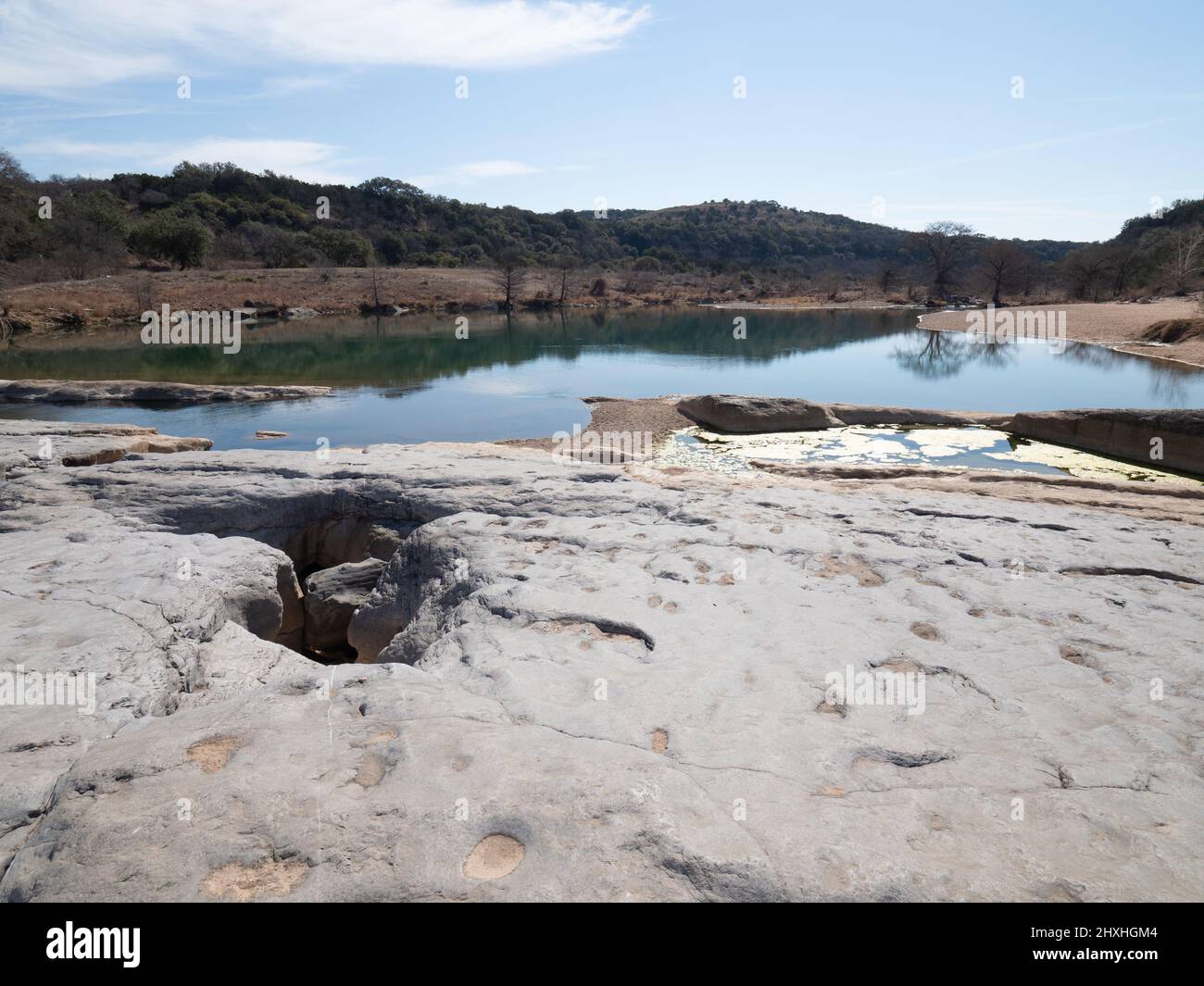 Ein Teich im Pedernales River im Pedernales Falls State Park in der Nähe von Johnson City, Texas. Im Vordergrund befindet sich eine Kalksteinplatte. Stockfoto