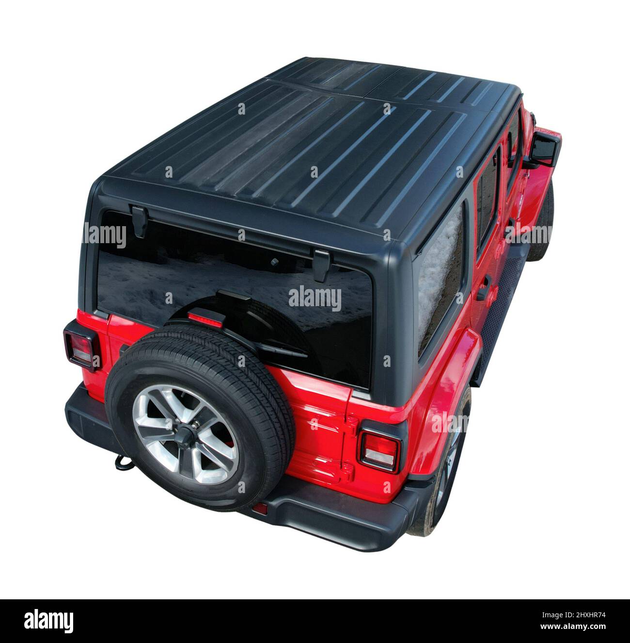 Rotes SUV-Auto mit isometrischem Reserverad in der Rückansicht isoliert Stockfoto