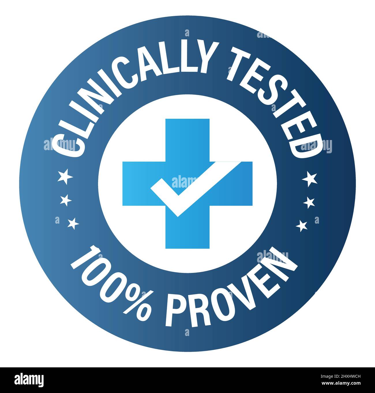 „Klinisch getestet, 100 % bewährt“-Vektorsymbol mit Kreuz- und Skalenmarkierung, blau. Stock Vektor