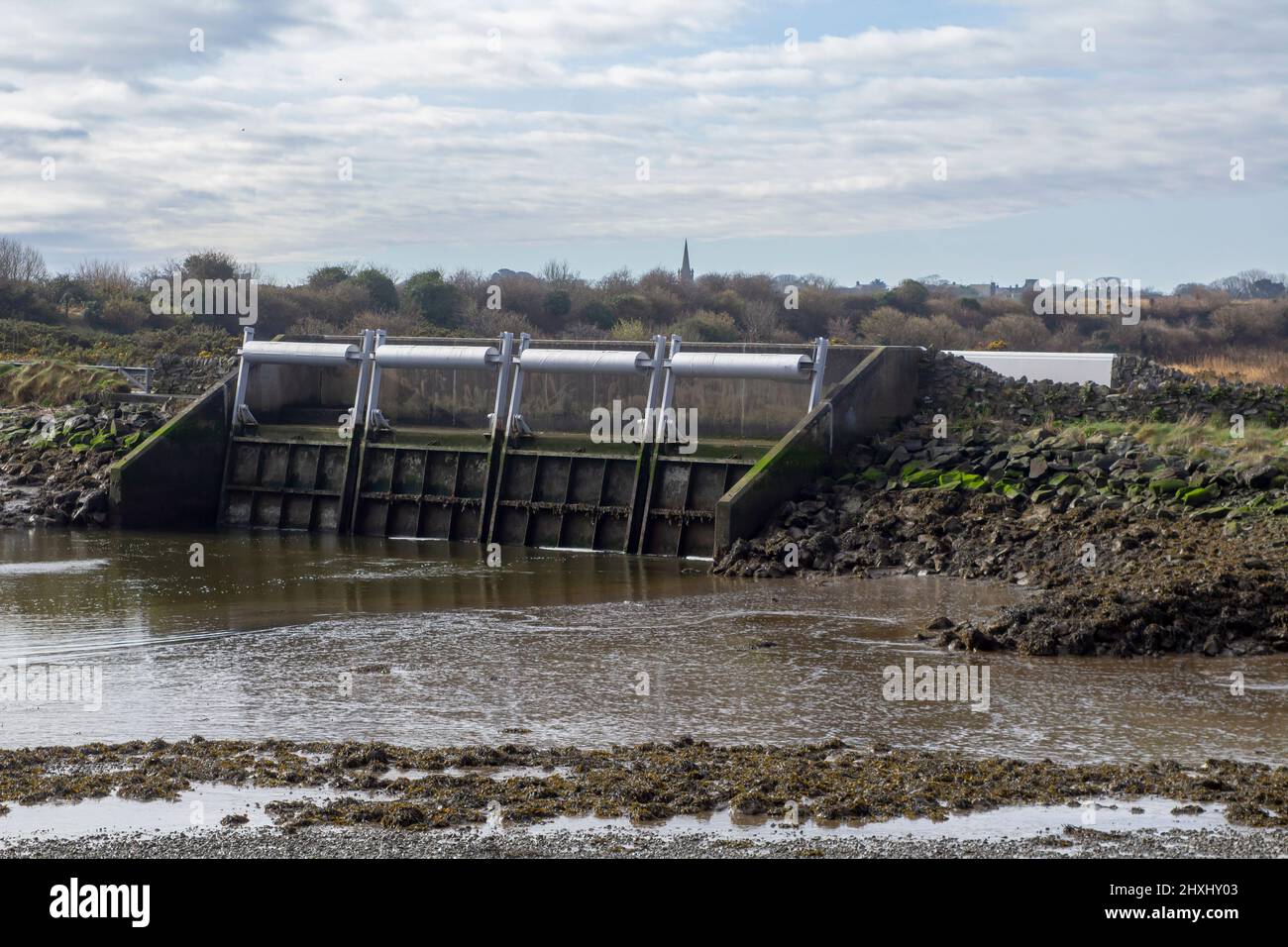 Hochwasserschutz Schleusentore unter einer kleinen Brücke an der Küstenstraße zwischen dem Dorf Coney Island und Killough in der Grafschaft Down Northern Ireland Stockfoto