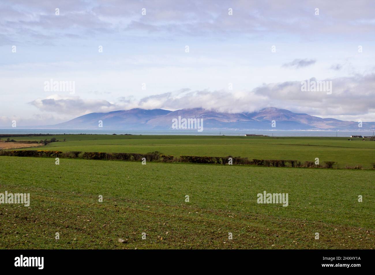 10. März 2022 Blick auf die Mourne Mountains mit ihren wolkenbedeckten Gipfeln. Blick über die Dundrm Bay vom Killough Gebiet in der Grafschaft Down Northern I Stockfoto