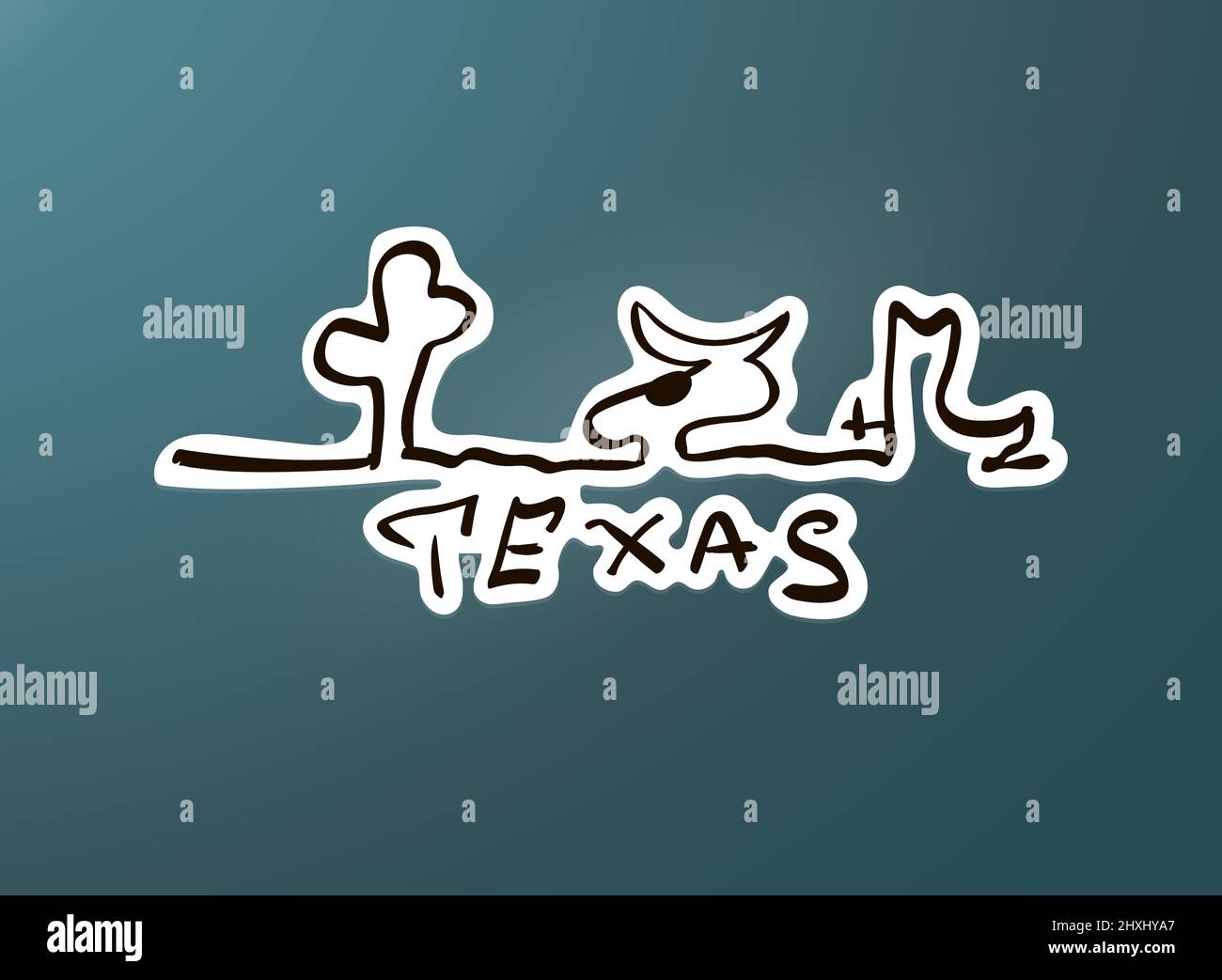 Handgezeichnetes Texas-Logo. Schwarz-weiß skizziert Kakteen, Schädel und Stiefel. Etikett für den Aufkleber für den Außenbereich. Komisches Emblem für den Staat. Stock Vektor