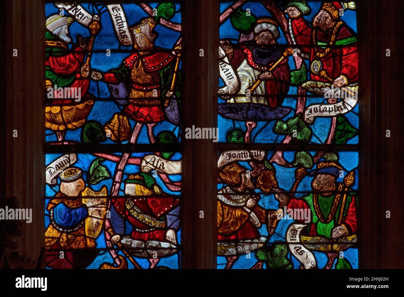 Die Könige des alten Israel und von Juda gehören zu mehr als 40 biblischen Figuren, die in den Tafeln eines prächtigen Baums von Jesse dargestellt sind, der 1512 als visueller Leitfaden für die Vorfahren Christi geschaffen wurde, Die ein Fenster des Église Saint-Rémi in Ceffonds, einem Dorf in der Champagne-Region im Nordosten Frankreichs, füllt. Das Fenster ist ein schönes Beispiel für den Troyenne-Stil aus bemaltem Glas, der in Troyes, der historischen Hauptstadt der Region, perfektioniert wurde. Stockfoto