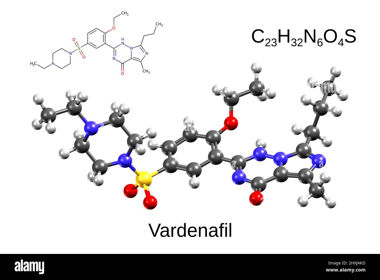 Chemische Formel, Skelettformel und 3D Ball-and-Stick-Modell von Vardenafil, ein Medikament gegen erektile Dysfunktion, weißer Hintergrund Stockfoto