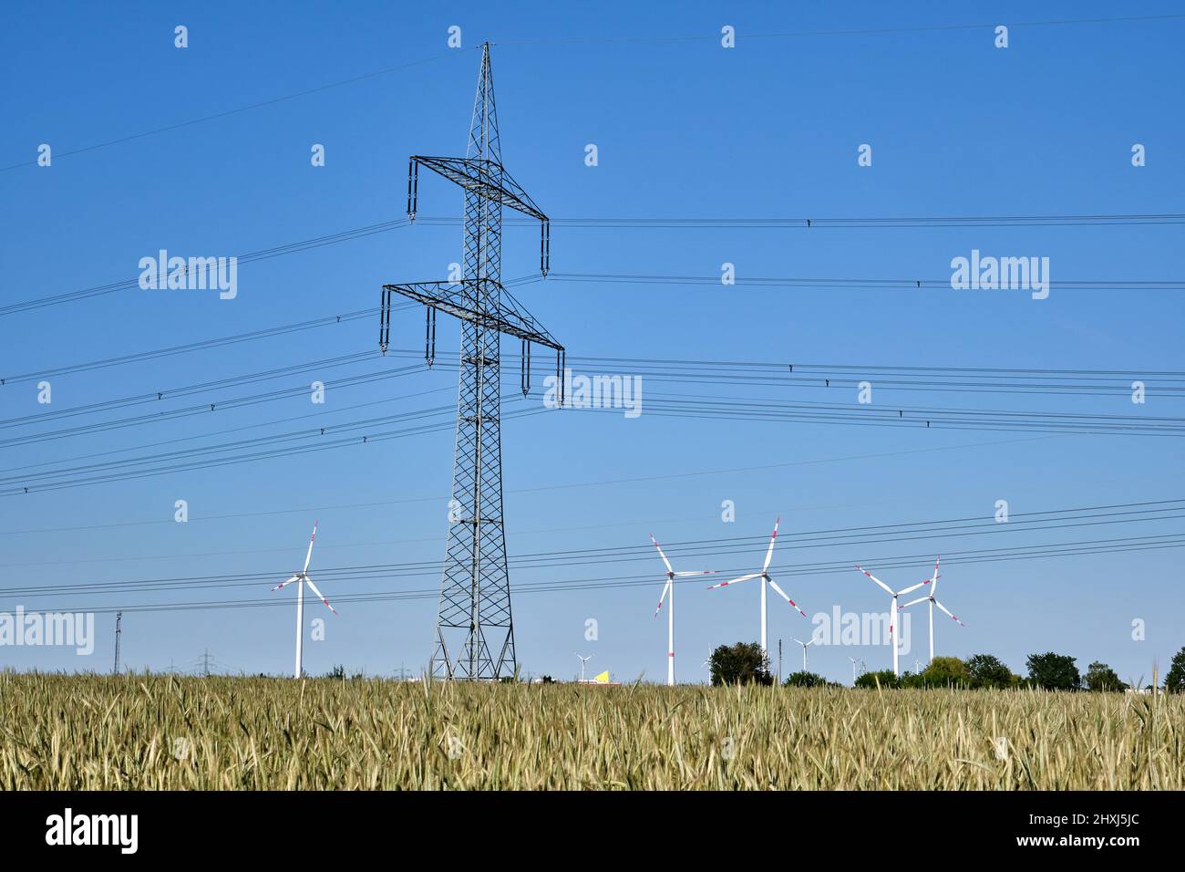 Strompylon mit Stromleitungen und Windturbinen im Hintergrund in deutscher Sprache Stockfoto