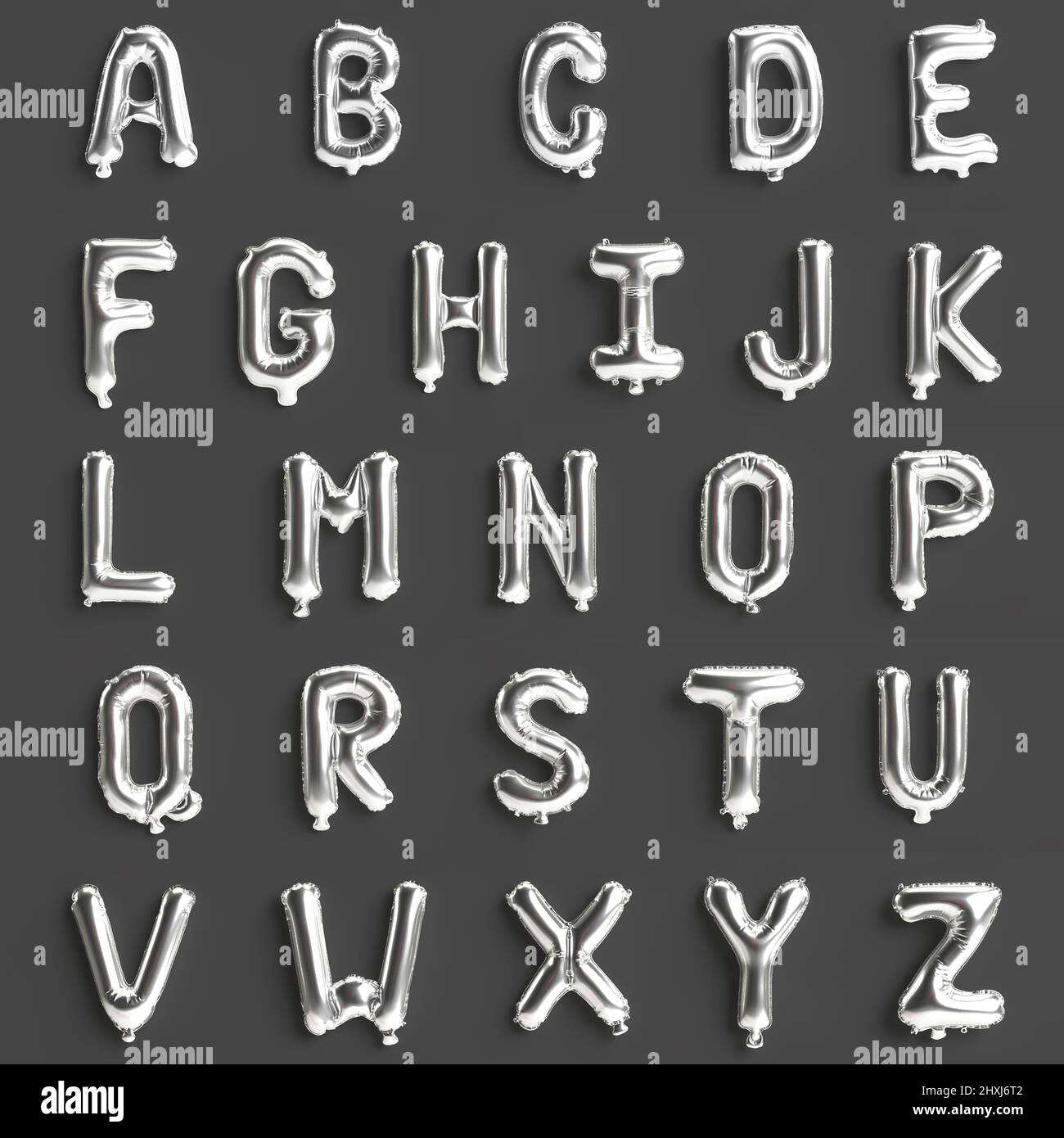 26 Buchstaben von A bis Z 3D Illustration von silbernen Ballons isoliert auf schwarzem Hintergrund Stockfoto