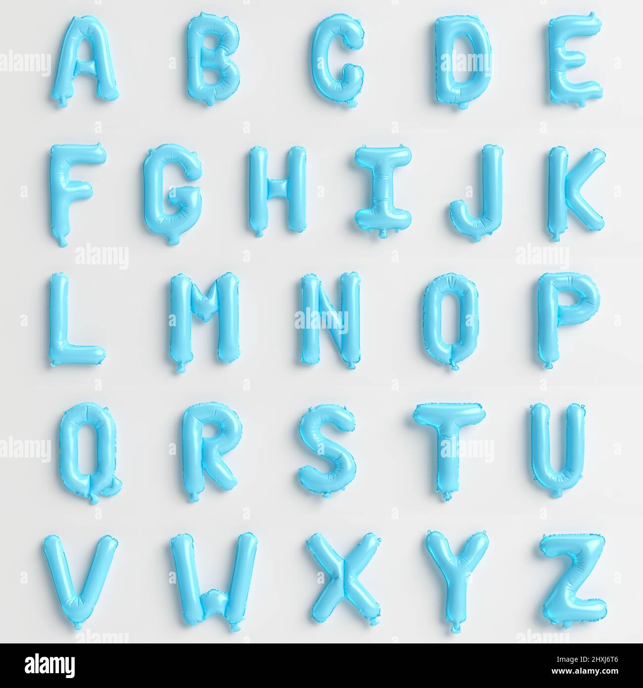 26 Buchstaben von A bis Z 3D Illustration von skyblauen Ballons isoliert auf weißem Hintergrund Stockfoto