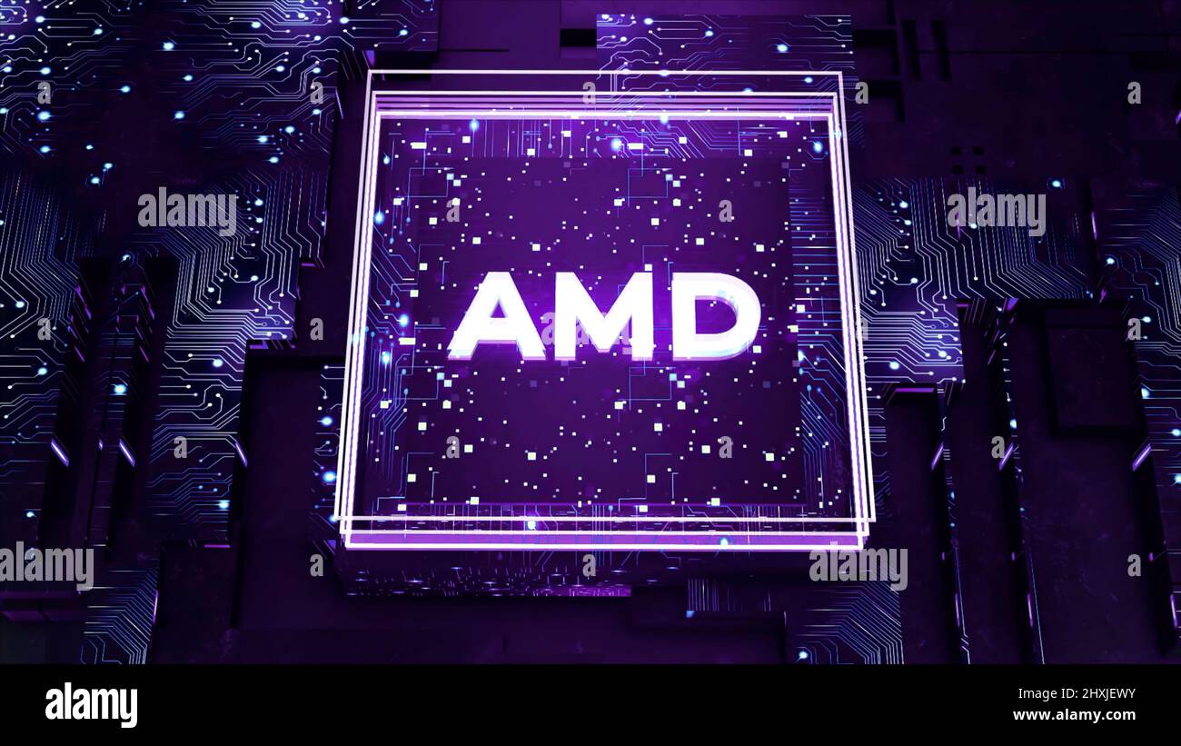 Prozessorgrafik, digitale Daten der Netzwerktechnik, CPU-Verarbeitung. Bewegung. Advanced Micro Devices Firmenlogo innen und abstrakter Prozessor Stockfoto