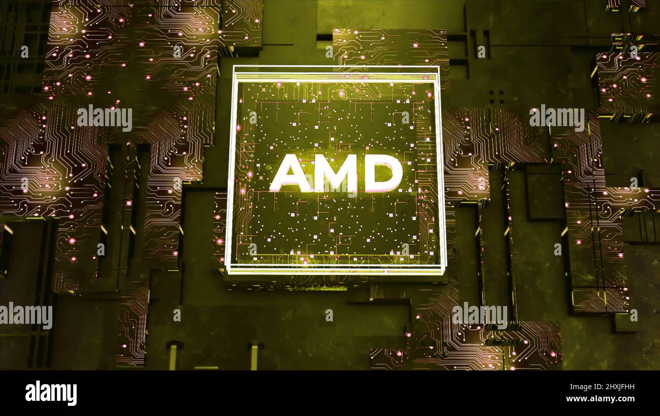 Prozessorgrafik, digitale Daten der Netzwerktechnik, CPU-Verarbeitung. Bewegung. Advanced Micro Devices Firmenlogo innen und abstrakter Prozessor Stockfoto