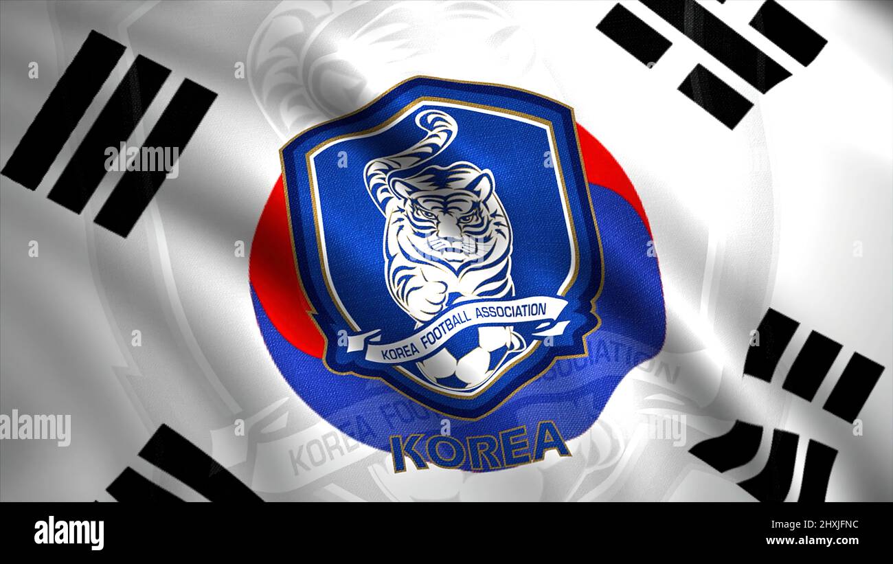 Gewellter Stoffhintergrund des südkoreanischen Fußballverbands. Bewegung. Bunte, kräuselnde Flagge mit dem Tiger-Emblem, nahtlose Schleife. Für redaktionelle Zwecke Stockfoto