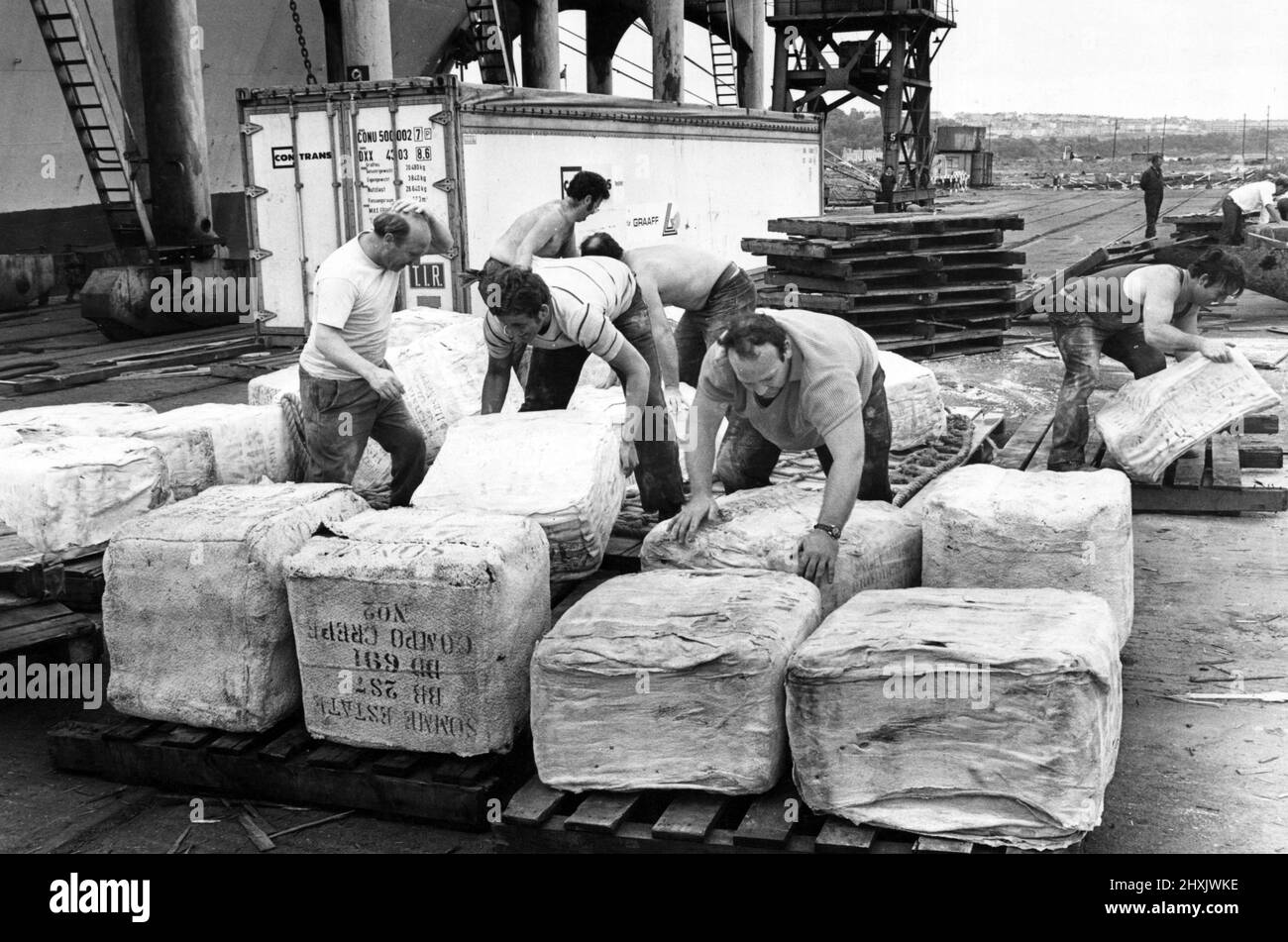 Entladen von Gummi an den Cardiff Docks. 13.. Juli 1976. Stockfoto