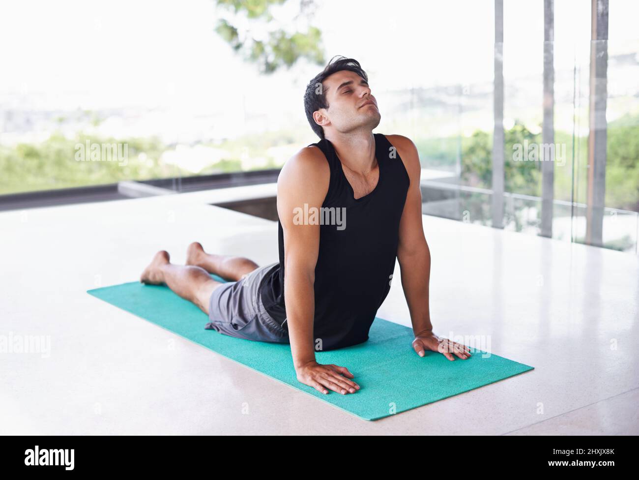 Hier nur positive Energie. Ein zufriedener junger Mann, der zu Hause Yoga macht. Stockfoto