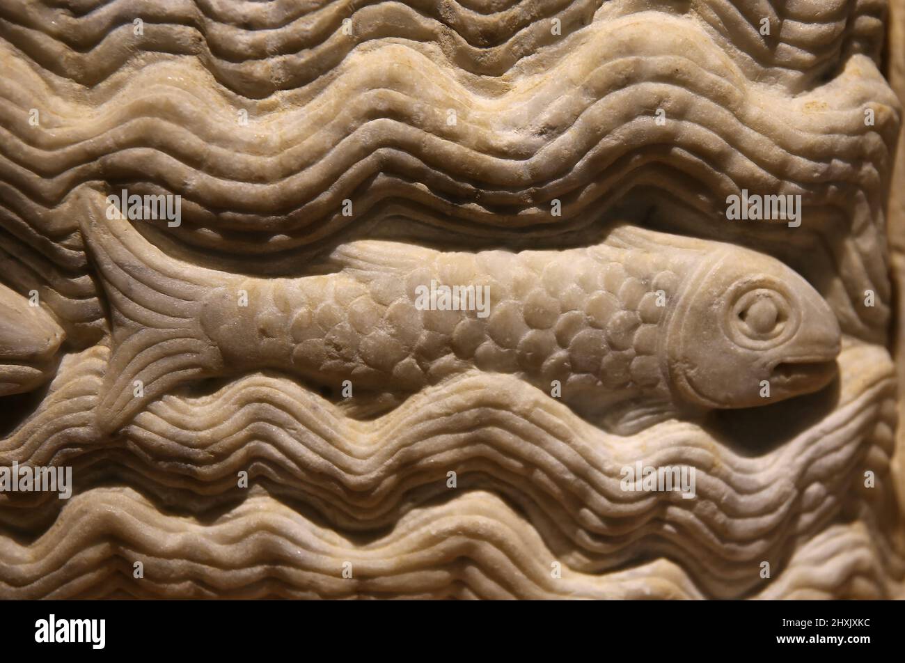 Jesus erschien den Jüngern am Meer. 12. c. Vom Meister der Cabestany. Details. Fisch. St. Pere de Rodes. Frederic Mares Museum. Barcelona. Spanien. Stockfoto