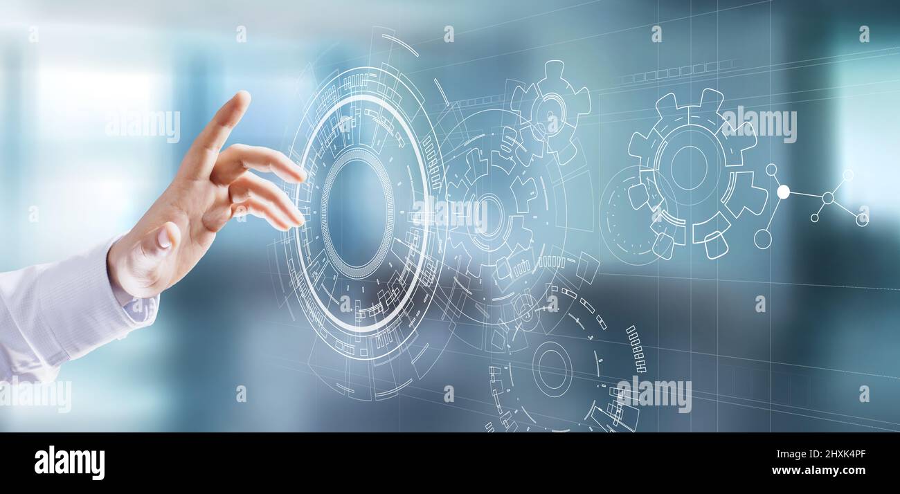 Copyspace, Blueprint, Zeichnung, Design, CAD auf virtuellem Bildschirm. Hintergrund für Technologie, Wirtschaft, Industriekonzept. Stockfoto