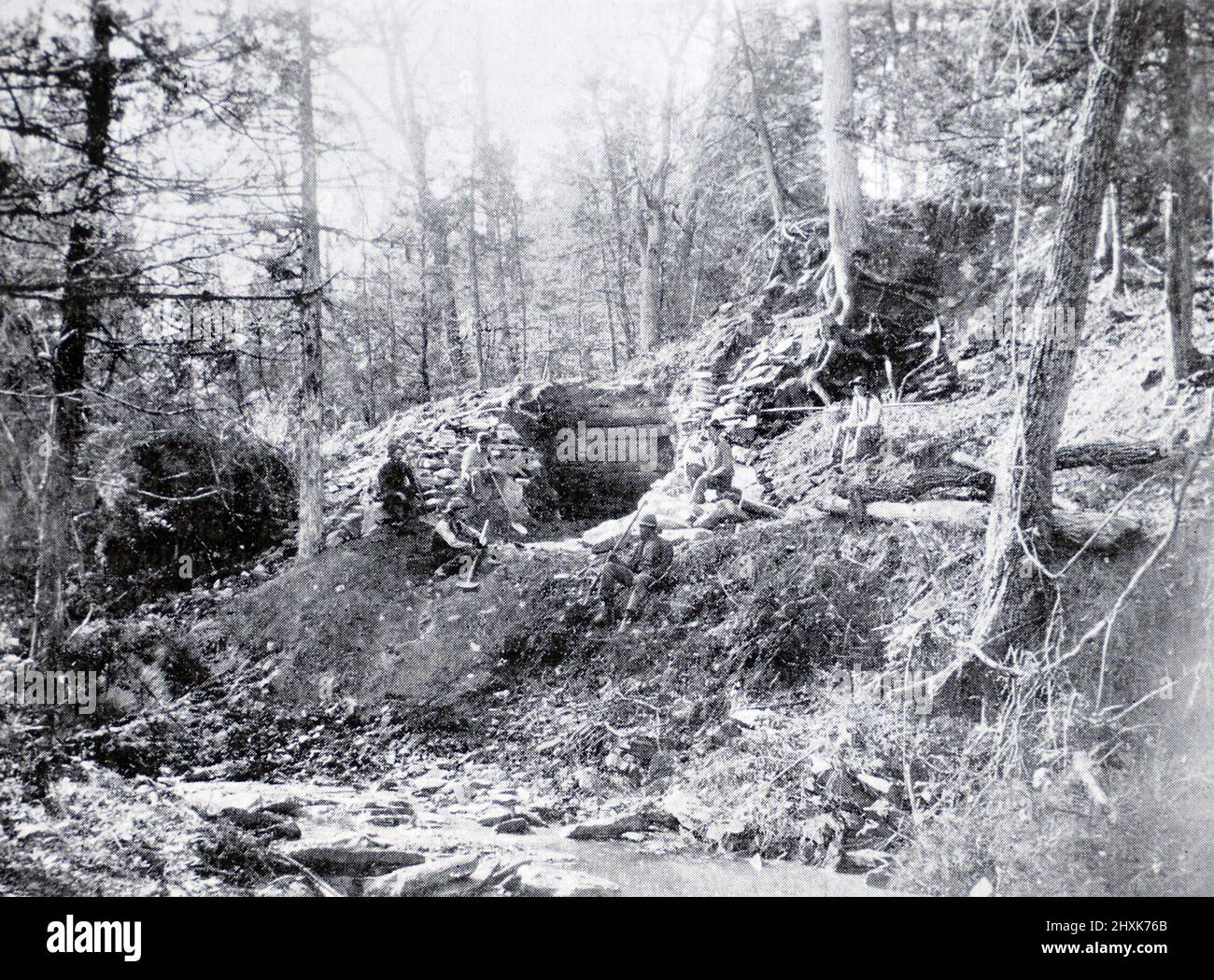 Die Ruinen des Kohleofens Kappahannock, Virginia, USA. Erbaut 1714. Schwarz-Weiß-Fotografie, aufgenommen um Stockfoto