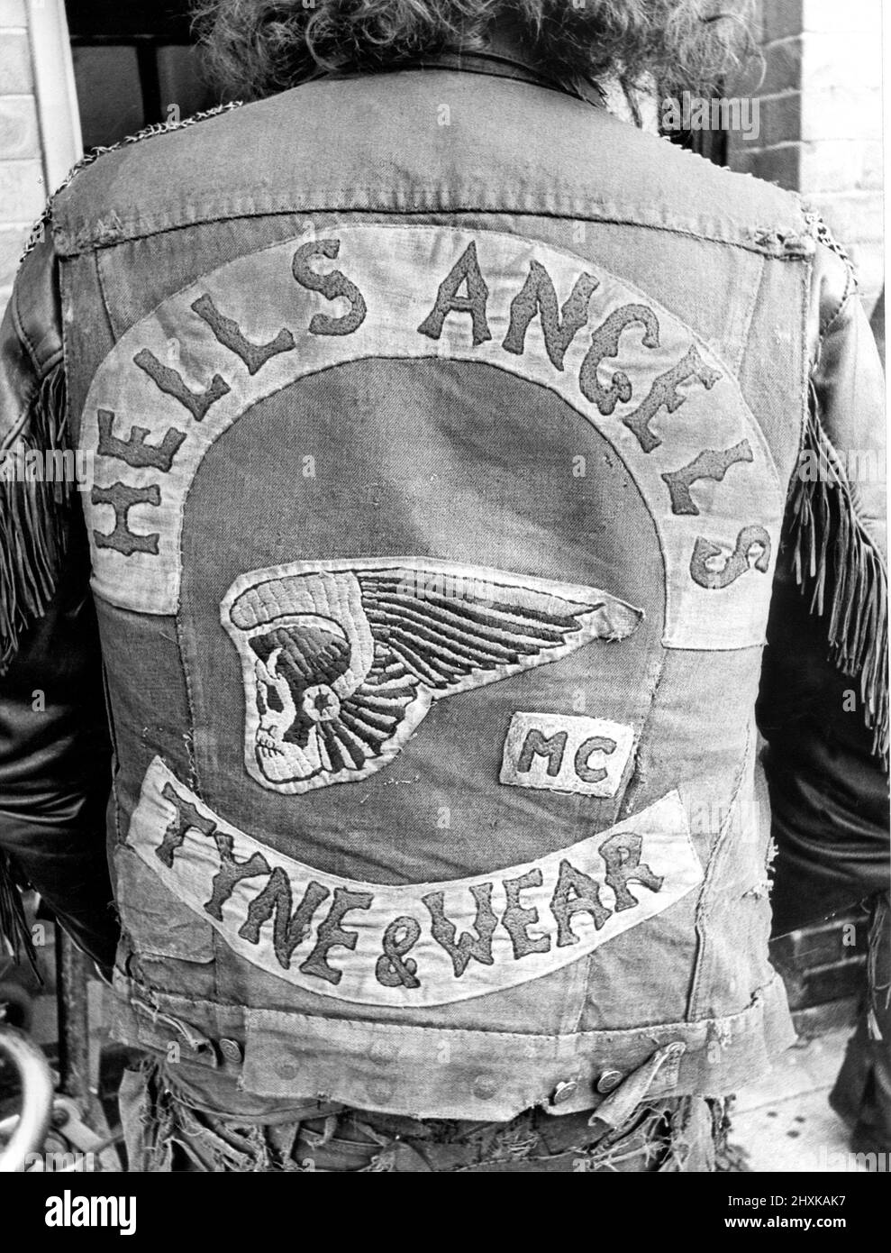 Die Rückseite einer Jacke, die von einem der Hells Angels aus dem Tyne and Wear Chapter im November 1976 getragen wurde Stockfoto