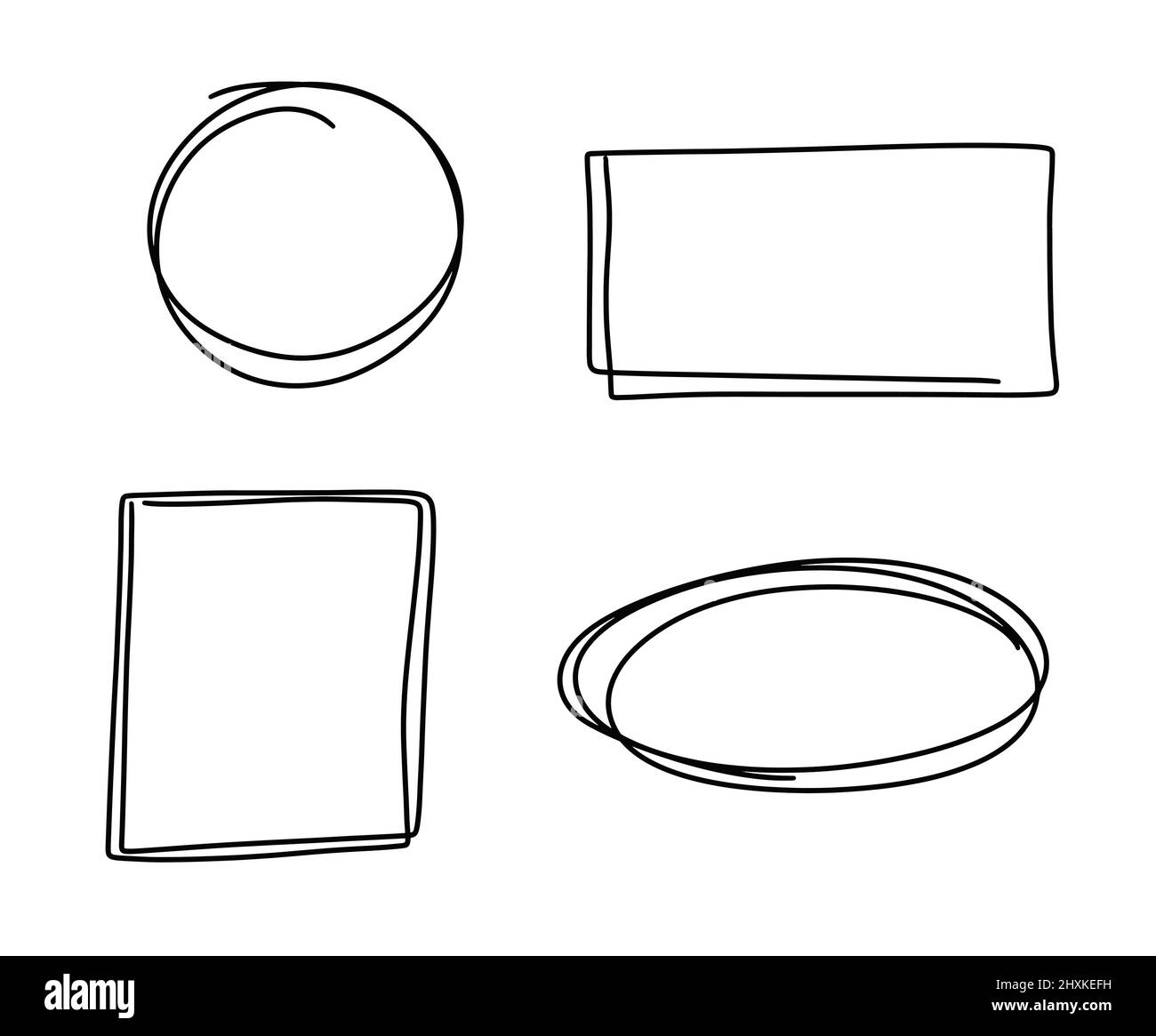 Handgezeichneter Kreis, Rechteck, Oval, quadratische Linie Skizze gesetzt. Runder Rahmen mit Kopierbereich. doodle-Rahmen für Nachricht, Hinweis. Bleistift Graffiti Blase Vektor-Illustration Stock Vektor