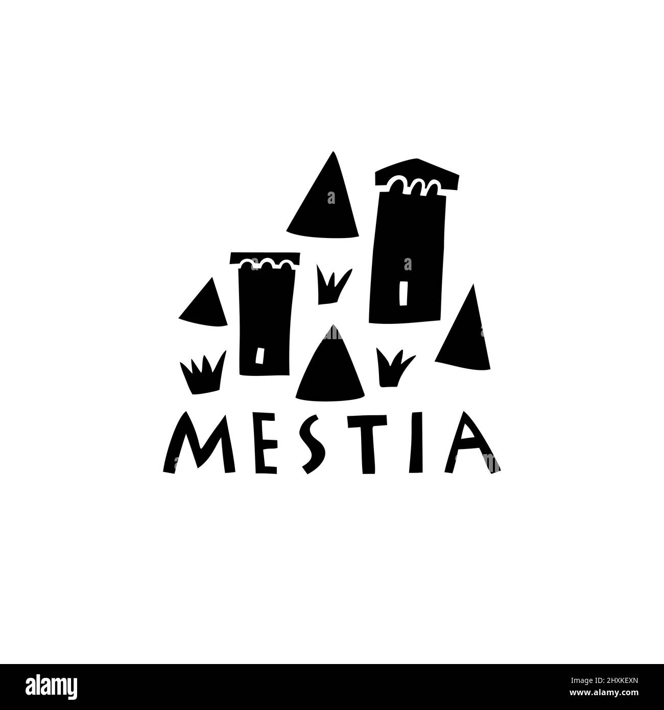 Vektor Handgezeichnetes Symbol von Mestia Sakartvelo. Reisebilder der Schilder der Republik Georgien. Handgezeichnete Schriftzüge. Georgianisches Wahrzeichen Stock Vektor