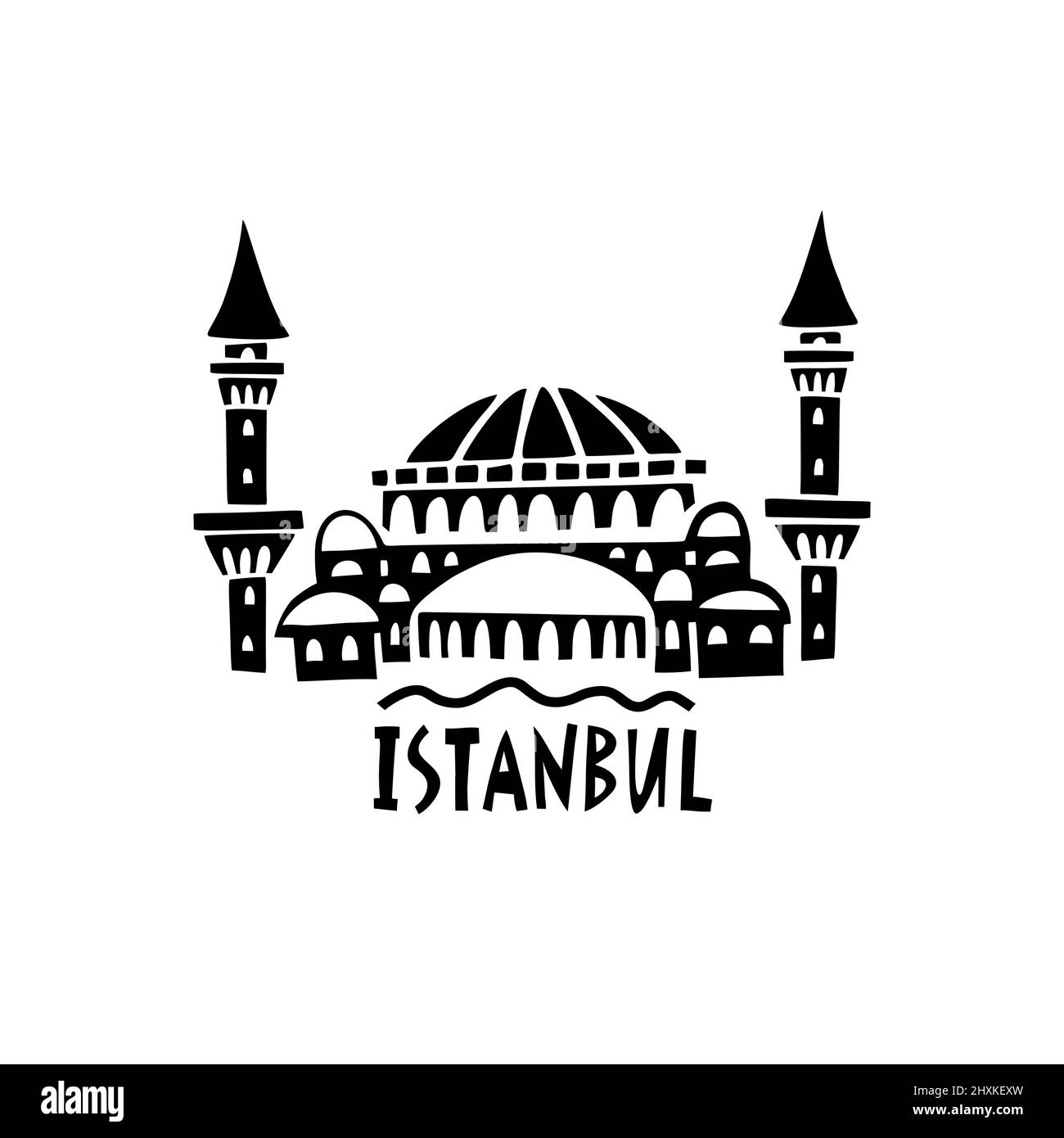 Vektor Handgezeichnetes Symbol von Istanbul. Reisedarstellung der Republik Türkei. Handgezeichnete Schriftzüge. Türkisches Wahrzeichen-Logo Stock Vektor