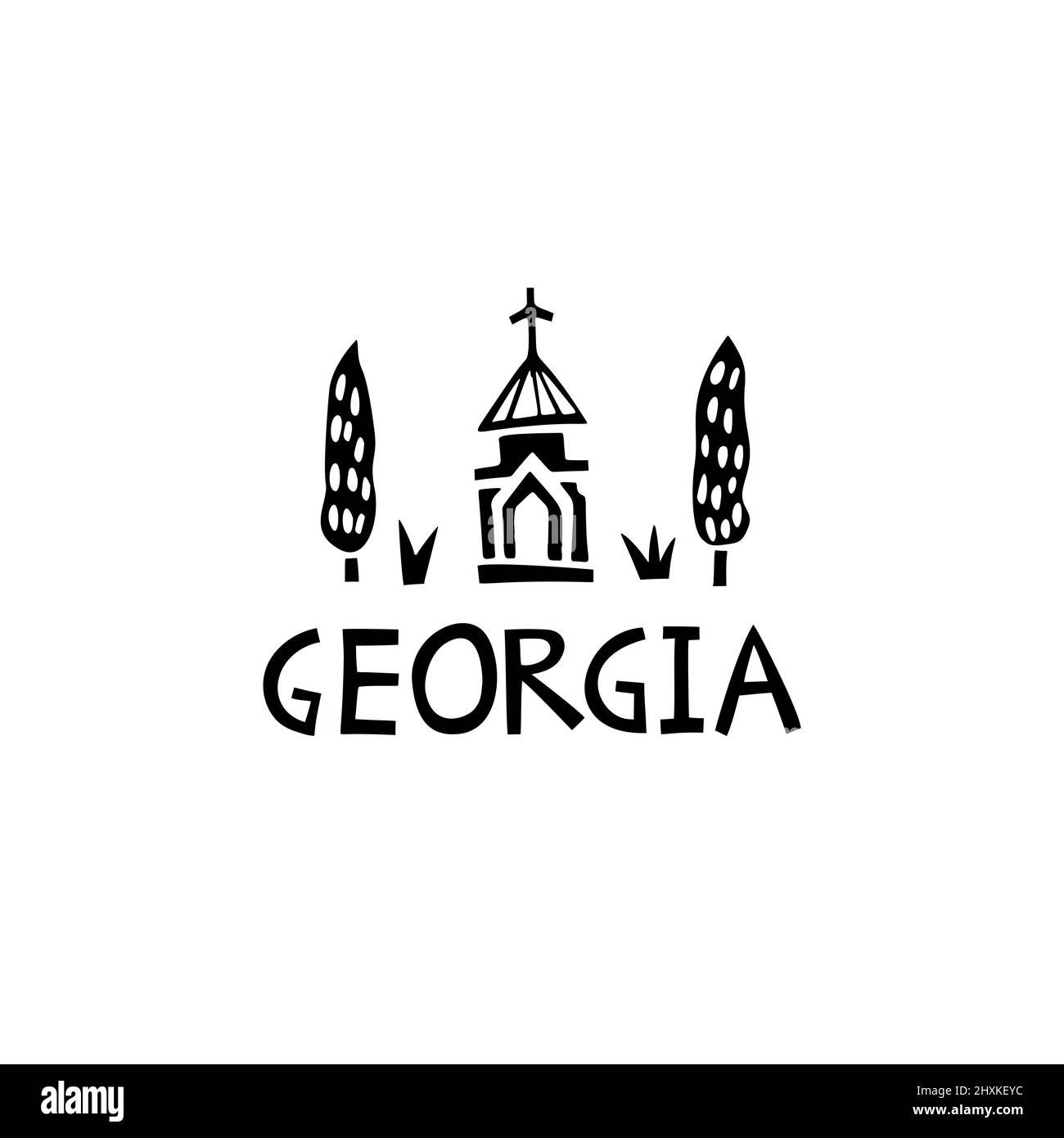 Vektor Handgezeichnetes Symbol von Sakartvelo. Reisebilder der Schilder der Republik Georgien. Handgezeichnete Schriftzüge. Georgisches Wahrzeichen-Logo Stock Vektor