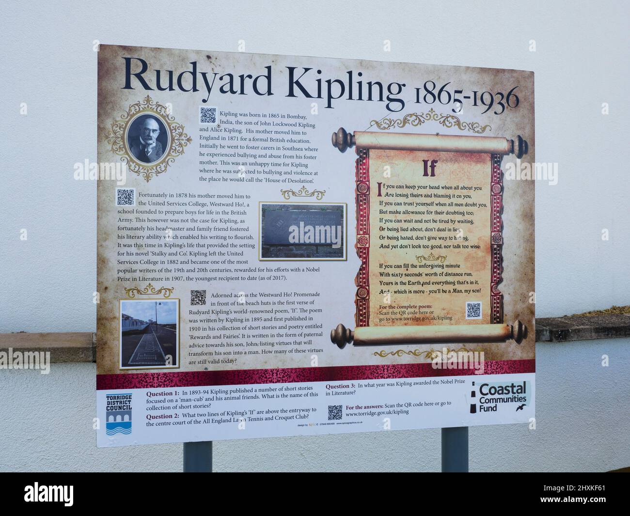 Rudyard Kipling Informationstafel, Westward Ho!, Devon, Großbritannien Stockfoto