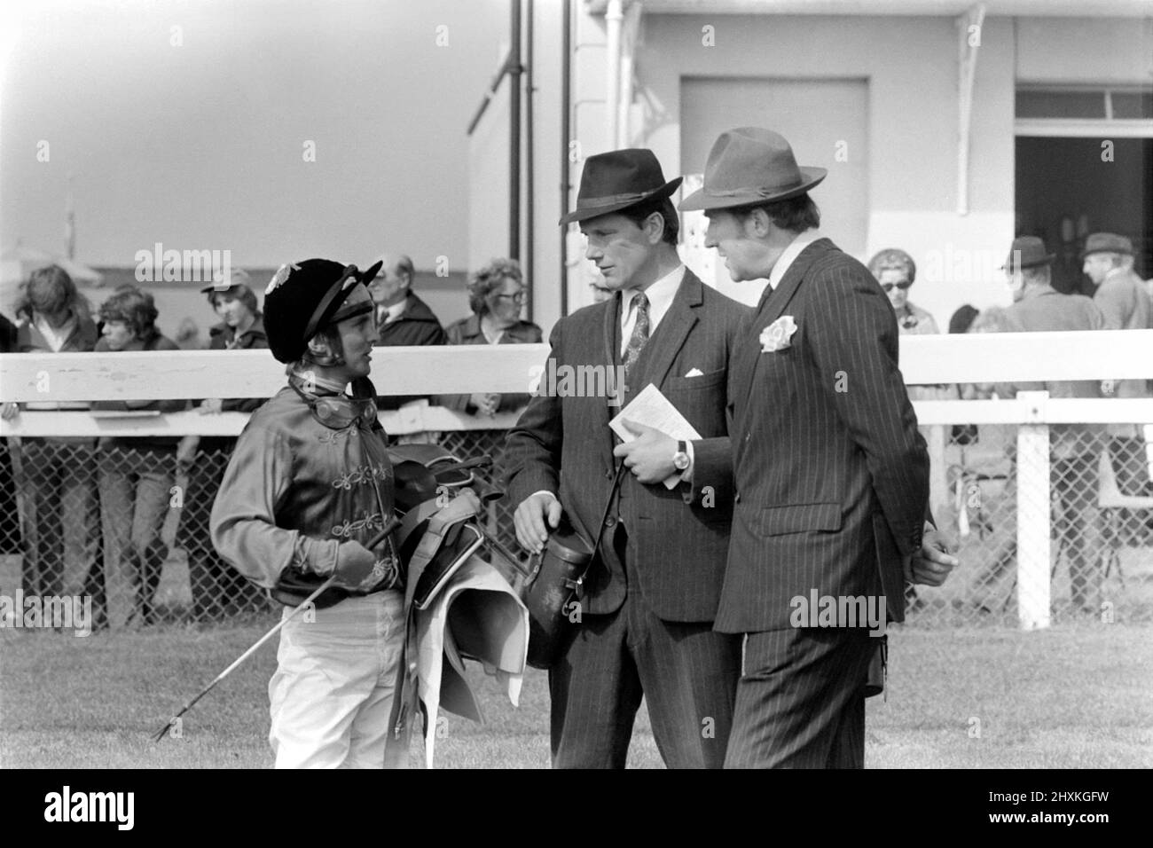 Jockey Willie Carson. „All the Queens Horses“. In West Ilsley steht Berks-Trainer Major W. R. Hern vor den 13 Pferden für die Queen. Von links nach rechts: Hintere Reihe Star Harbour; Circlet; Alma; Tartan Pimpernell; Dunfermline; Und Mary Fitton. Erste Reihe: Bewertung; Kette der Argumentation; Fife und Trommel; Herzog der Normandie; Rhyme Royal; Gesellig und Paintbrust. Der Mann 2. von rechts ist Stan Clayton, ehemaliger Jockey der Queen. 1977 77.-02213-004. April Stockfoto