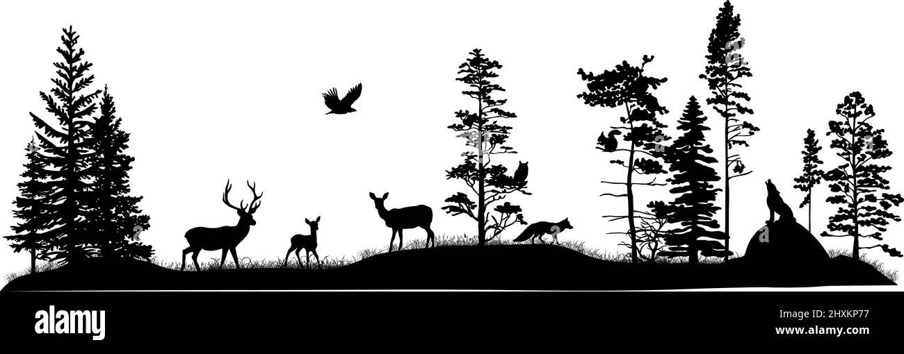 Set von Silhouetten von Bäumen und wilden Waldtieren. Hirsch, Rehkitz, Rehe, Fuchs, Wolf, Eule, Vogel des Gebets, Eichhörnchen. Schwarz-weiße handgezeichnete Illustration. Stock Vektor