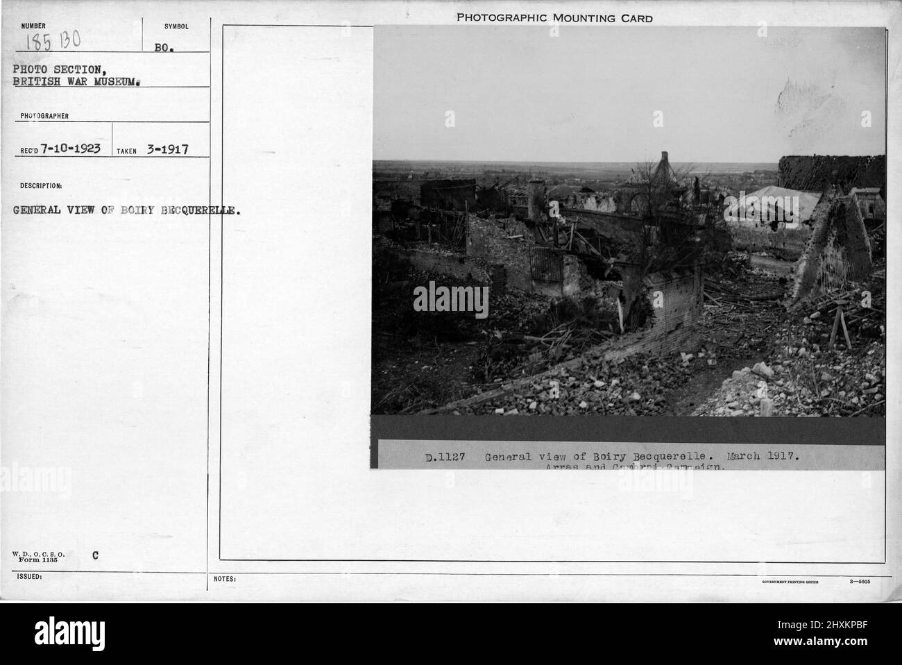 Gesamtansicht von Boiry Berquerelle. Sammlung von Fotografien aus dem Ersten Weltkrieg, 1914-1918, die die militärischen Aktivitäten der britischen und anderen Streitkräfte und des Personals während des Ersten Weltkriegs darstellen Stockfoto