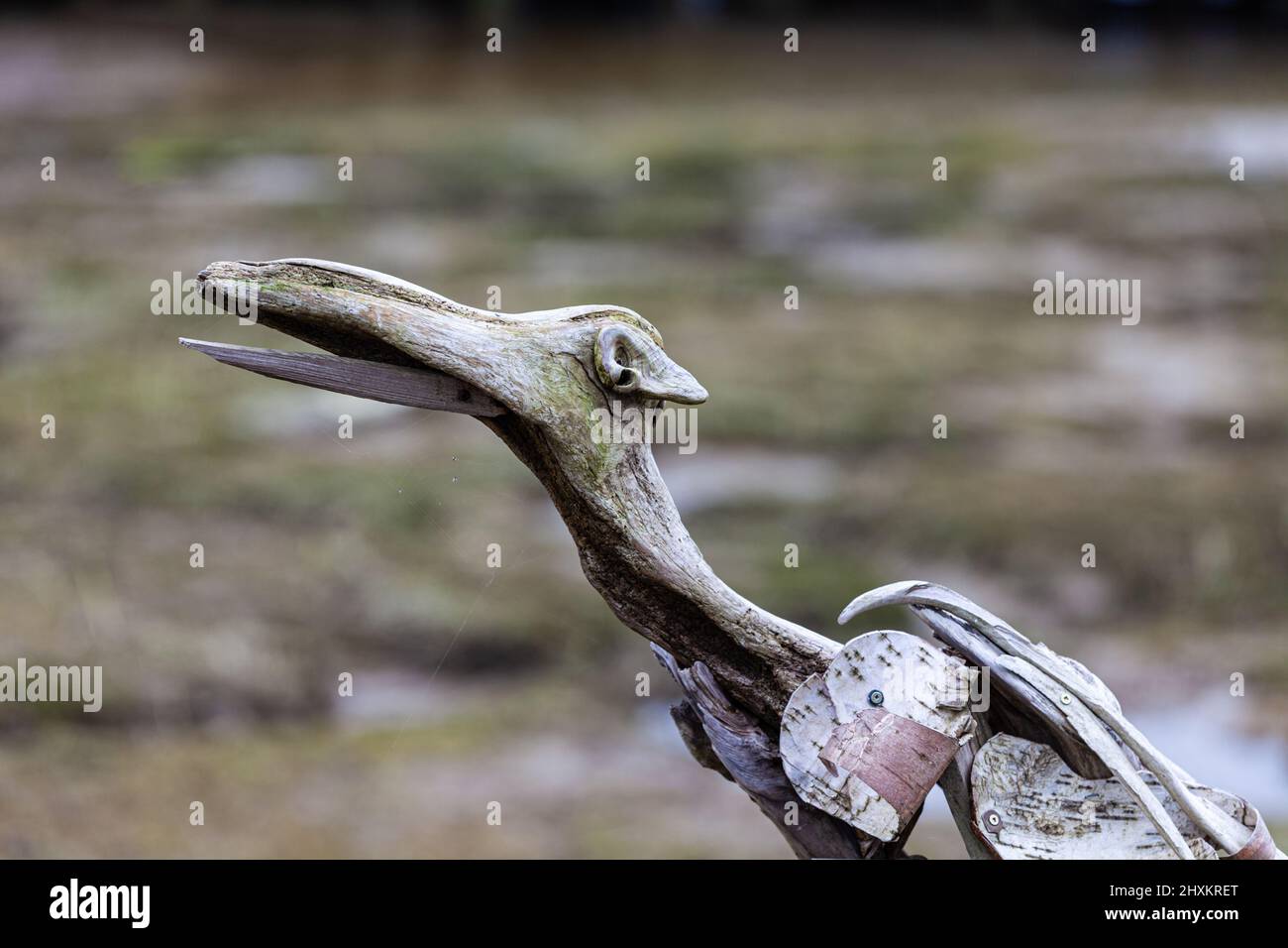 Kreativer Einsatz von Treibholz und Rinde zur Kreation eines Holzvogels, der auf der Ausstellung des historischen Britannia Ship Yard in Steveston British Columbia Canada ausgestellt wird Stockfoto