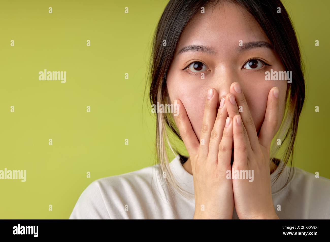 Junge asiatische Geschäftsfrau in Casual Shirt posiert isoliert auf grünen Wand Hintergrund Studio-Porträt. Erfolg Karriere Reichtum Geschäftskonzept. Mock Stockfoto