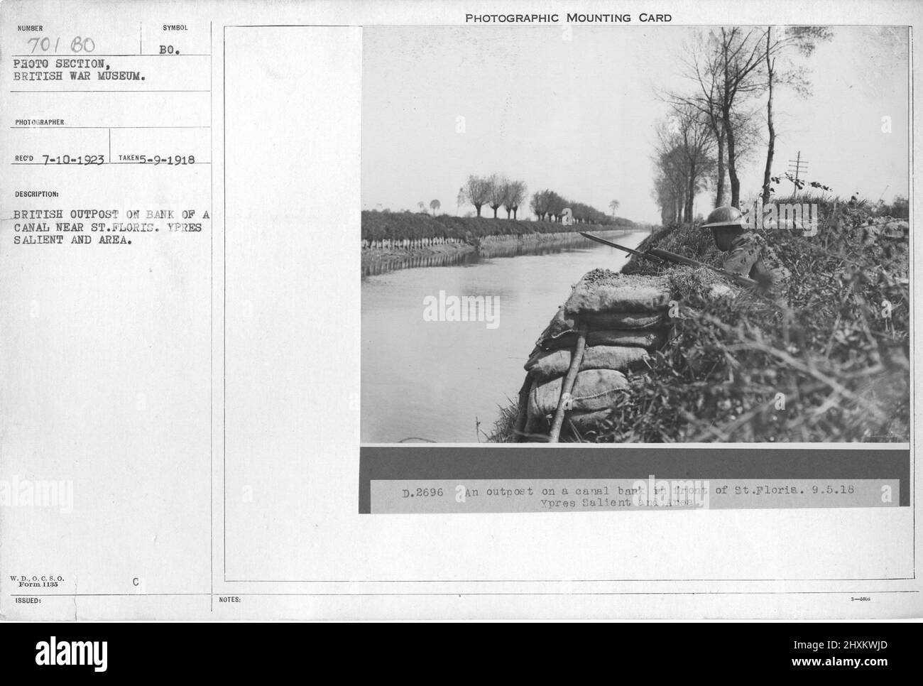 Britischer Außenposten am Ufer des Kanals in der Nähe von St. Floris. Ypern und Umgebung. 5-9-1918. Sammlung von Fotografien aus dem Ersten Weltkrieg, 1914-1918, die die militärischen Aktivitäten der britischen und anderen Streitkräfte und des Personals während des Ersten Weltkriegs darstellen Stockfoto