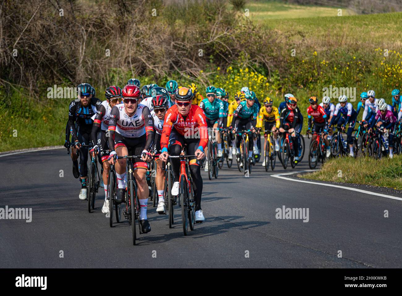 Italien, 12. März 2022 - Radprofis fahren während der Etappe Tirreno Adriatico auf der Etappe Apecchio - Carpegna im Marc bergauf Stockfoto