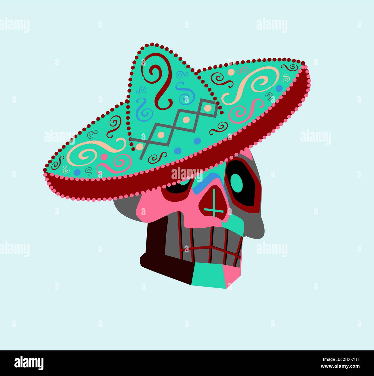 Mexikanischer Totenkopf mit Sombrero, Ornamentdetails, bunt isoliert auf dem blauen Hintergrund. Tag der Toten. Stockfoto