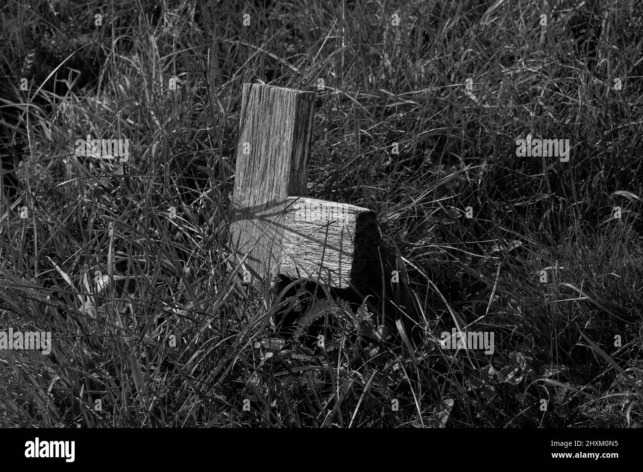 Verlassenes und verwittertes anonymes hölzernes Gedenkkreuz oder Grabmarkierung auf dem Friedhof der Jungfrauenkirche in Silchester, Hampshire. Stockfoto