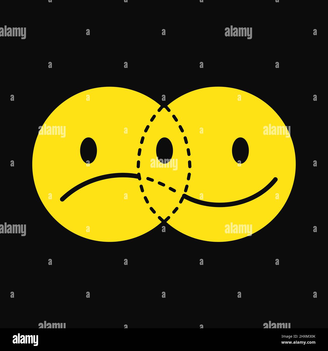 Lustiges Lächeln und traurige Kreuzung Gesicht für T-Shirt-Print Art.Vector Linie Doodle Cartoon Grafik Illustration Logo Design.Isolated auf weißem Hintergrund.Smile, traurig Gesicht drucken für Poster, T-Shirt-Konzept Stock Vektor
