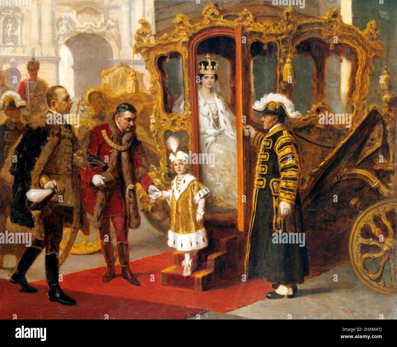 Die ungarische Königin Zita und Kronprinz Otto von Ungarn (Otto von Habsburg) treffen am Krönungstag, dem 1916. dezember 30., im königlichen Palast in Budapest ein Stockfoto