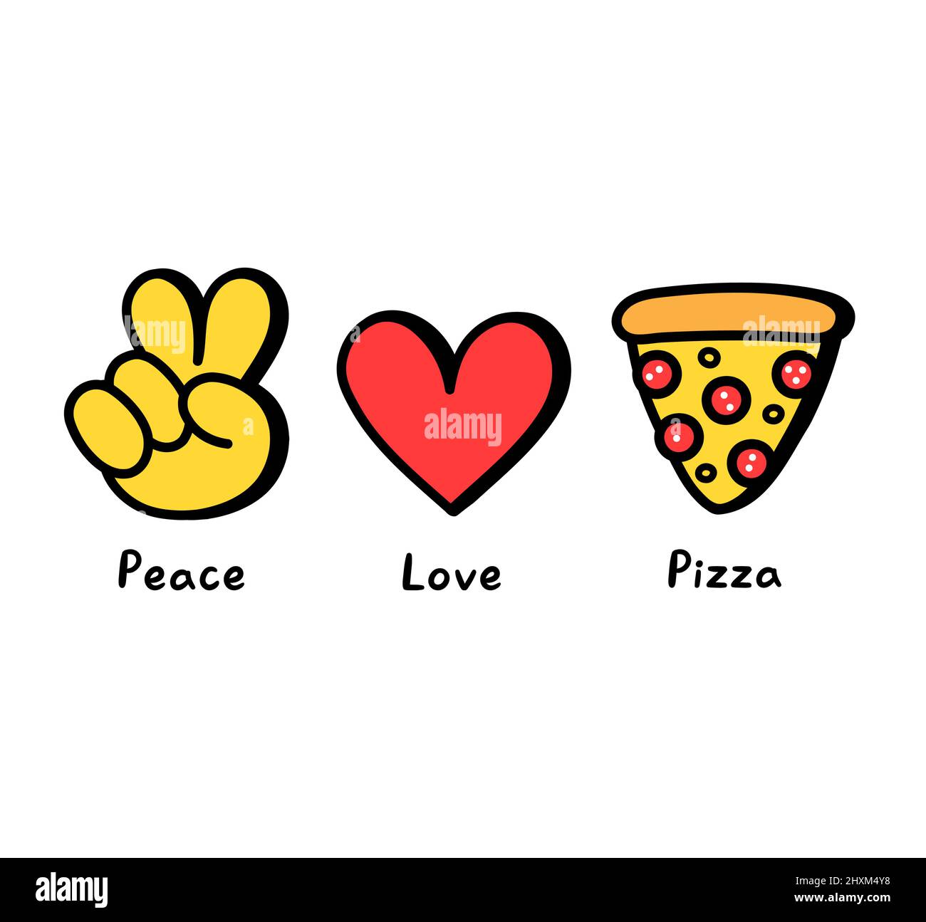 Frieden, Liebe, Pizza Konzept Druck für T-Shirt.Vector Cartoon Doodle Linie grafische Illustration Logo Design.Peace Zeichen, Herz, Pizza Slice Print für Poster, T-Shirt, Logo-Konzept Stock Vektor