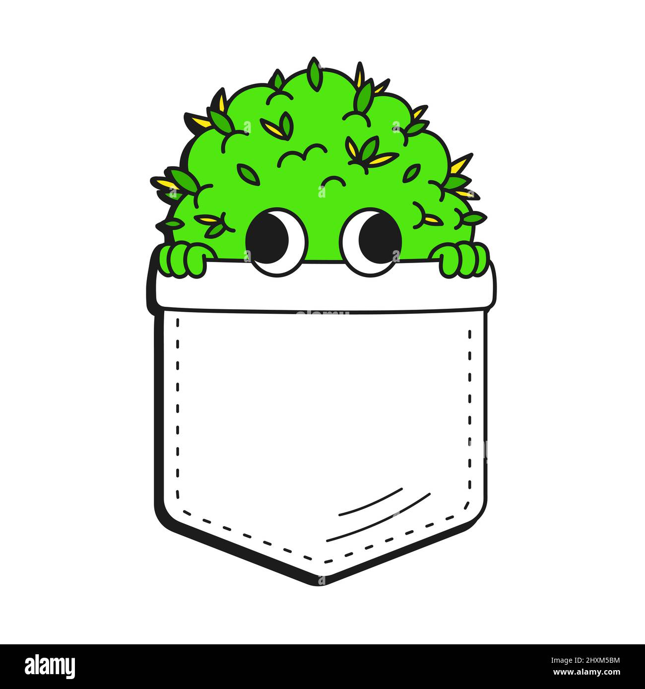 Nette lustige Unkraut Knospe in Tasche T-Shirt Print.Vector Cartoon Doodle Linie Stil Charakter Logo Illustration Design.isoliert auf weißem Hintergrund. Lustige Marihuana-Druck für Taschen-T-Shirt, Kleidung Konzept Stock Vektor