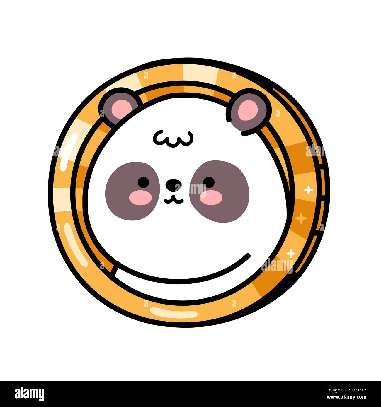 Niedliche lustige Panda Bär Charakter. Vektor Hand gezeichnet Cartoon kawaii Charakter Illustration Symbol. Isoliert auf weißem Hintergrund. Krypto-Finanzierung, Panda Bär Münze Doodle Charakter Konzept Stock Vektor